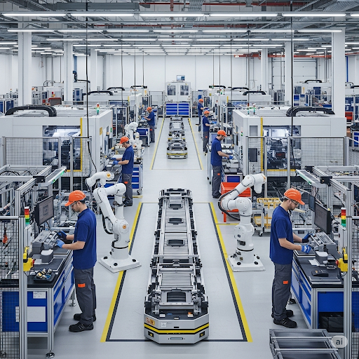 An image depicting human-robot collaboration in a smart manufacturing shop floor intended to represent manufacturing productivity