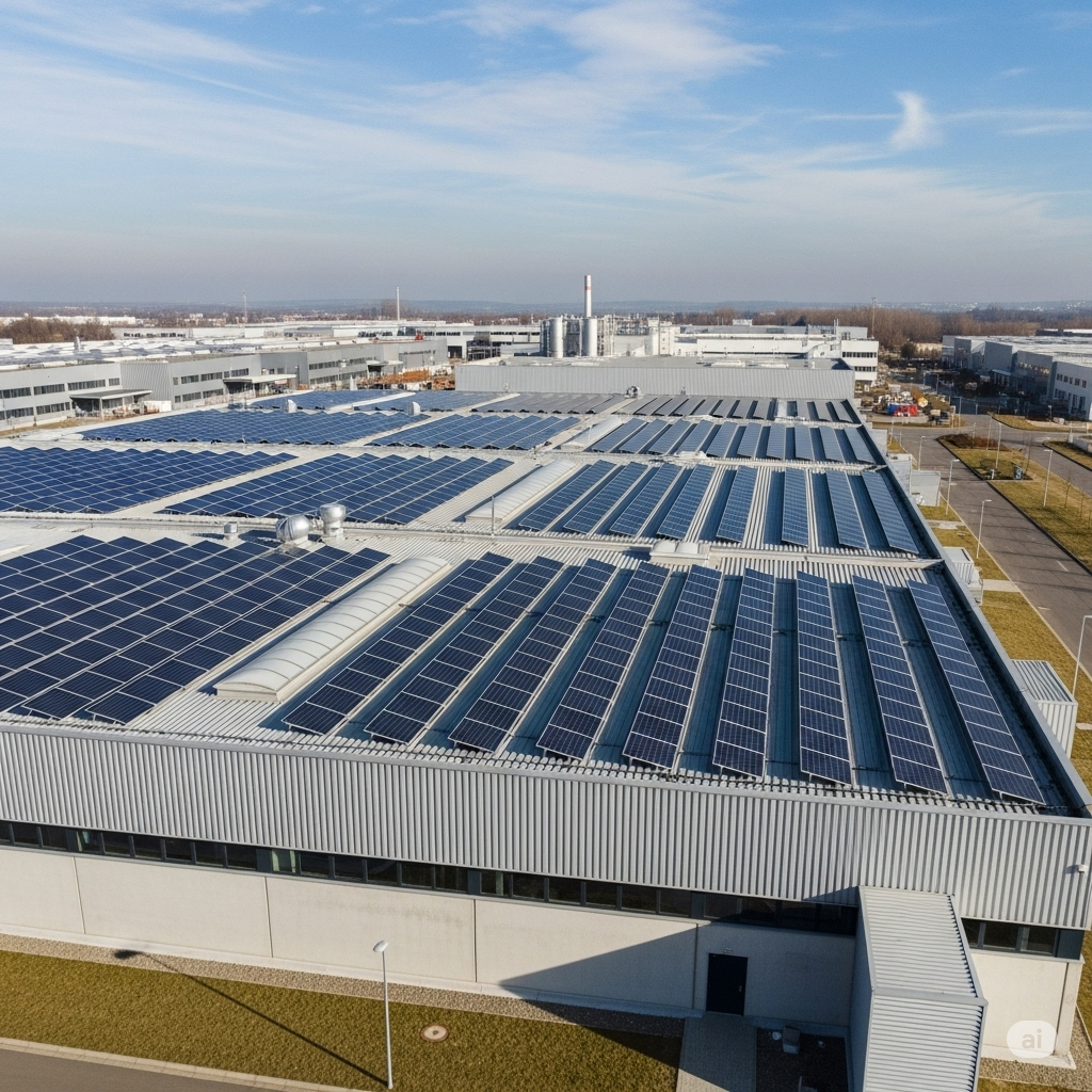 An image of solar panels on the roof of a factory intended to represent factory sustainability