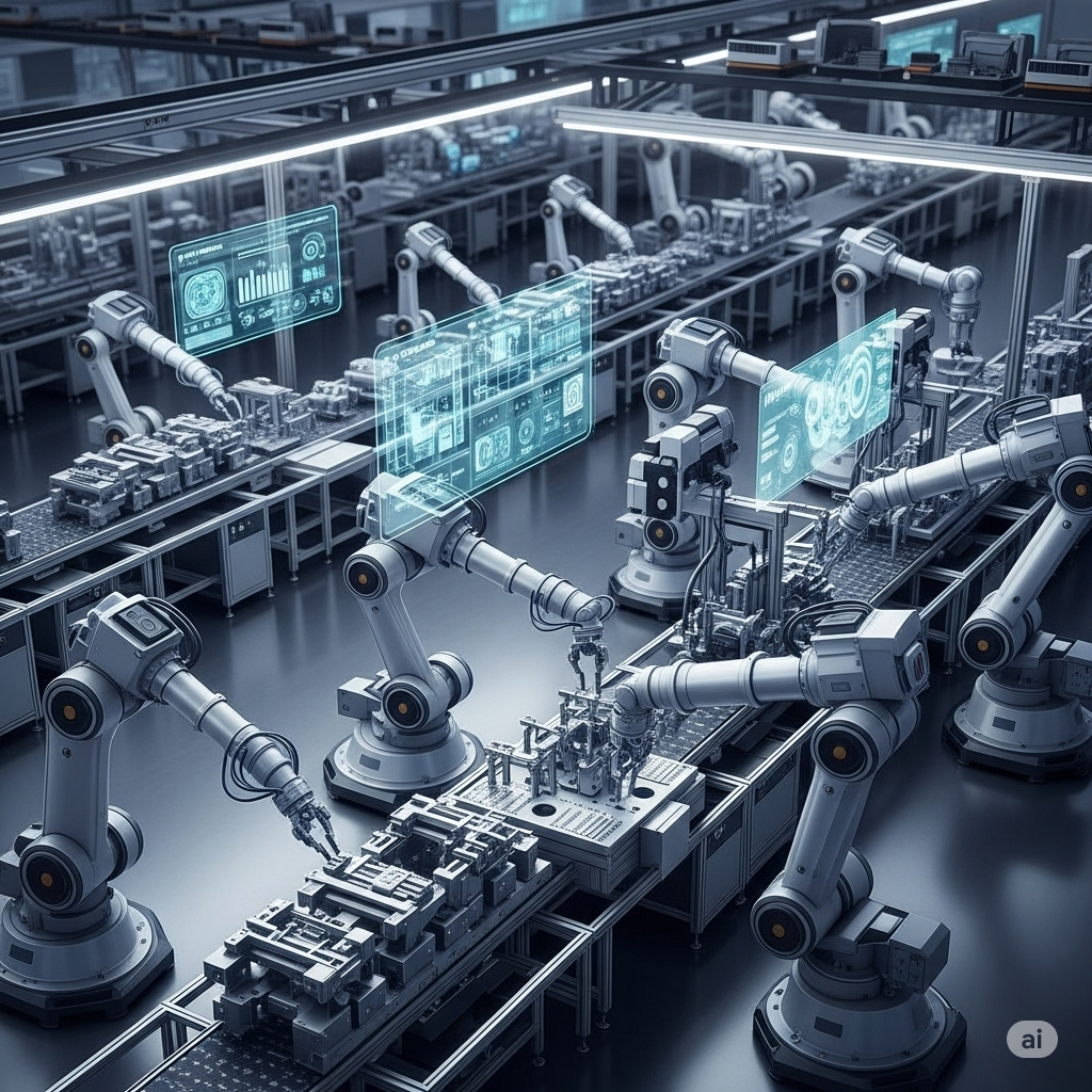 An image of an AI-based smart manufacturing robotic assembly line