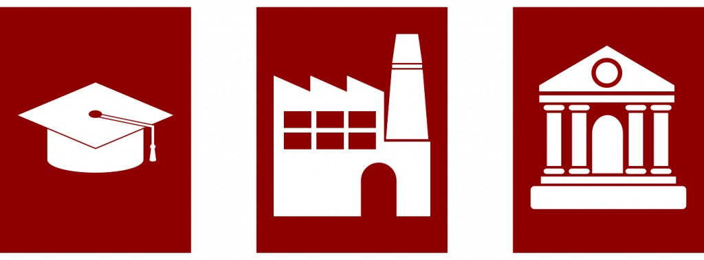 An image of a graduation cap, factory, and government building in a clip art style, representing the partnership among academe, industry, and government.